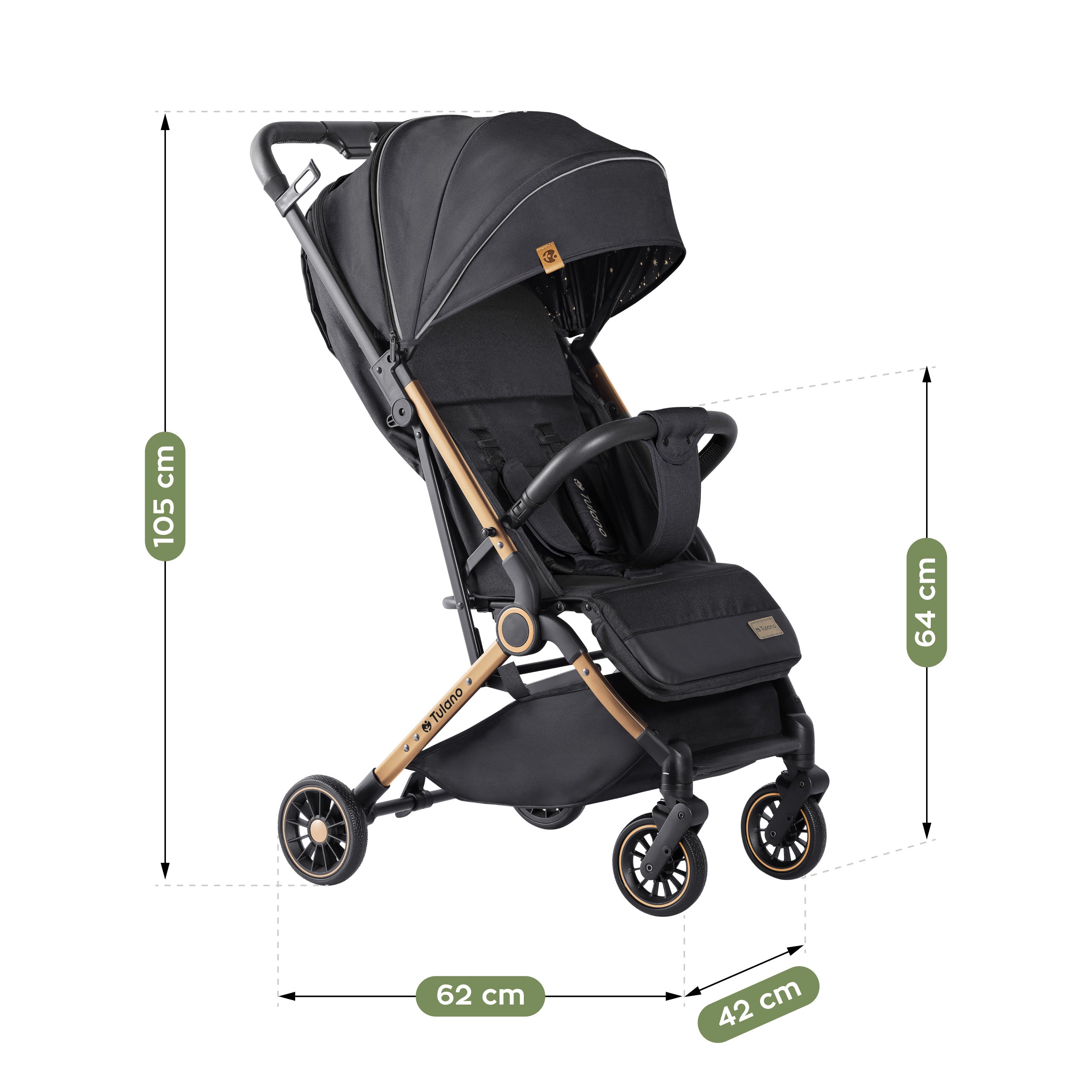 Tulano Milan Goud-Zwart opvouwbare kinderwagen tot 22 kg