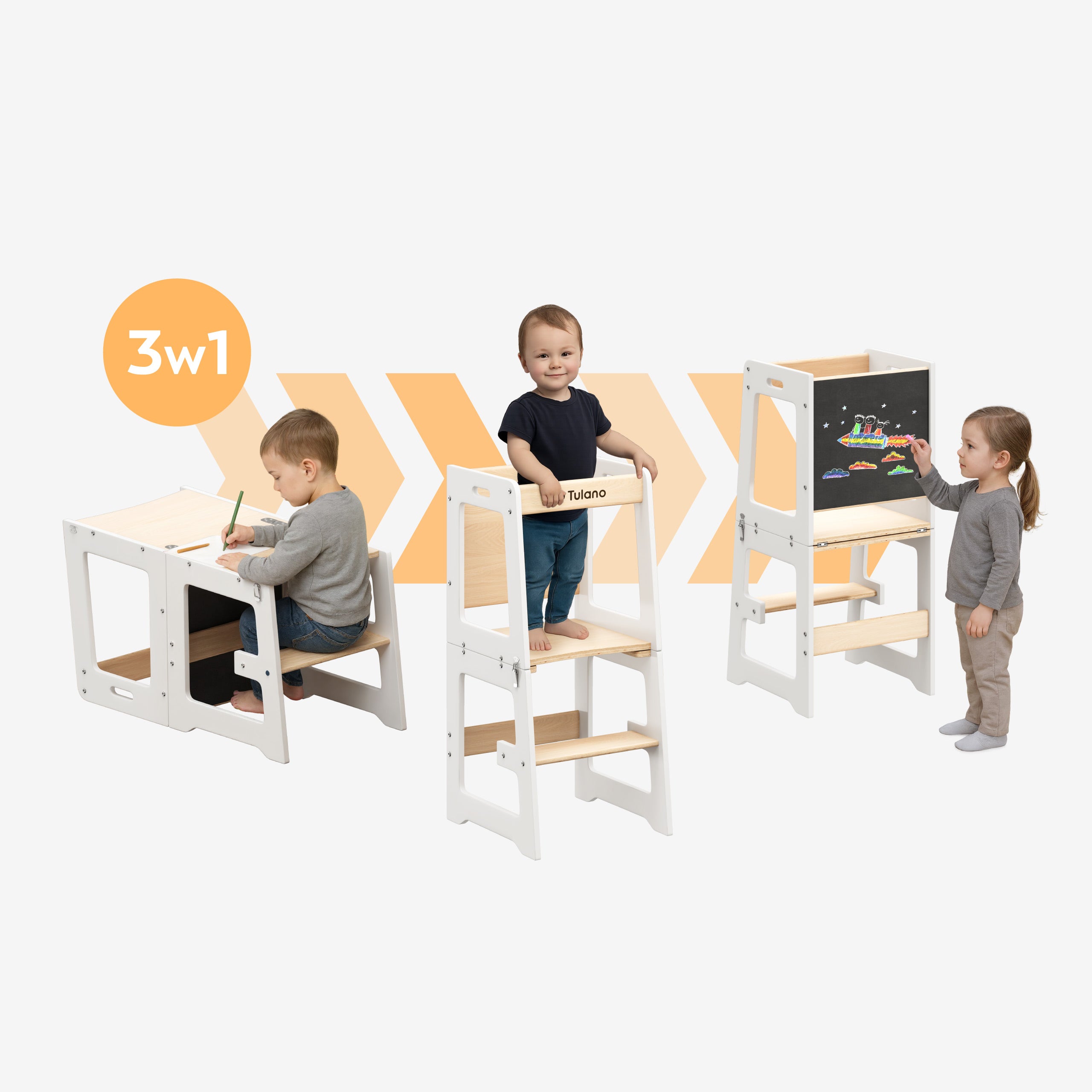 Kinder 3-in-1 keukenhulp Tulano Mooby 35 Wit-Naturaal